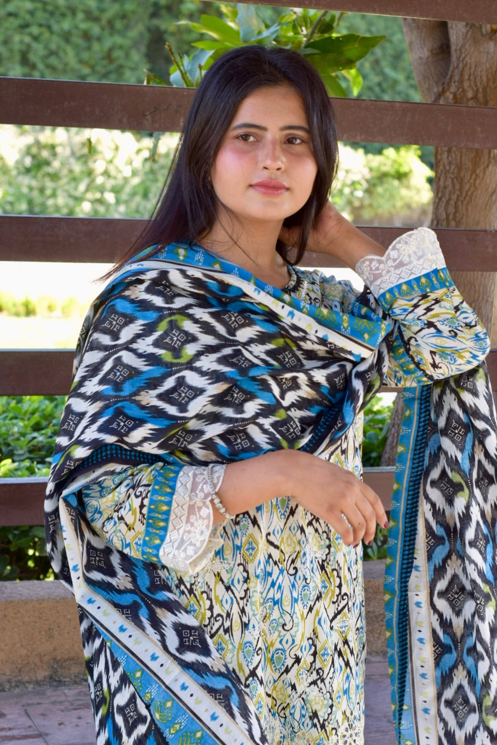 ZAREV Azure Ikat — Luxury Printed & Lacework Lawn 3-Piece Suit