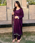 ZAREV – Royal Plum Geometric Lawn 3-Piece Stitched Suit