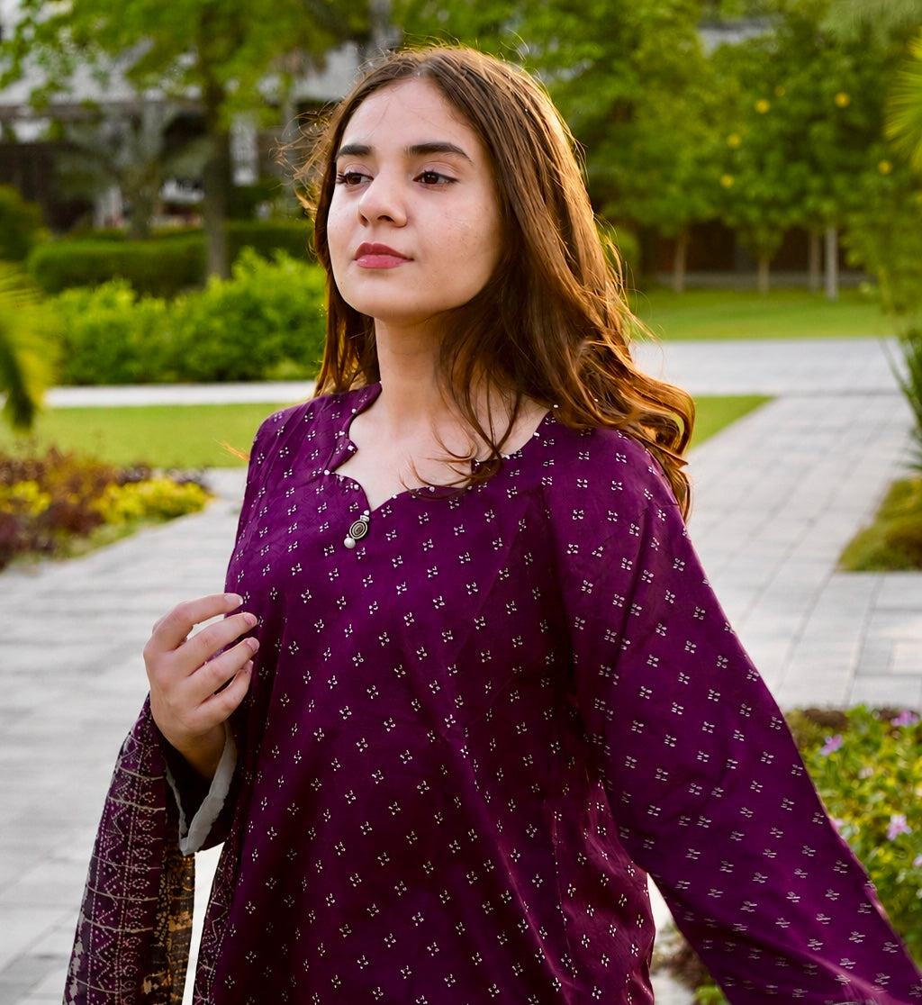 ZAREV – Royal Plum Geometric Lawn 3-Piece Stitched Suit