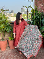 ZAREV – Azure Ikat: Maroon Geometric Motif Lawn 3-Piece Stitched Suit
