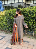 ZAREV – Monochrome Maze: Black & Ivory Geometric Lawn 3-Piece Stitched Suit
