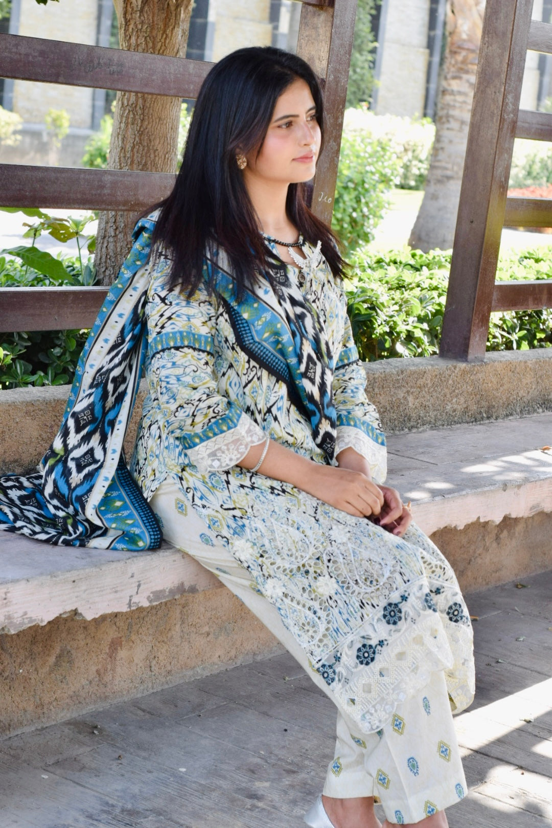 ZAREV Azure Ikat — Luxury Printed & Lacework Lawn 3-Piece Suit