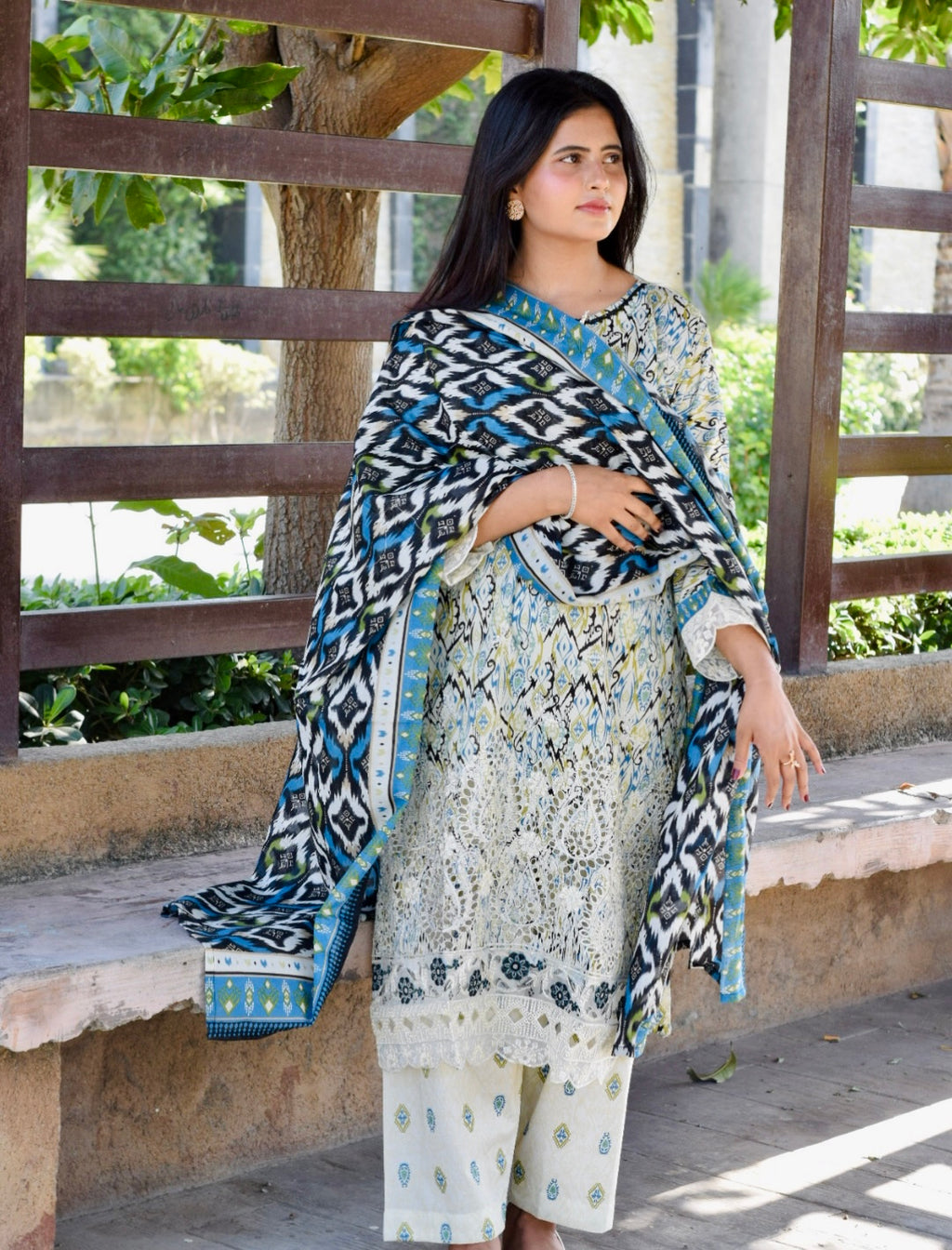 ZAREV Azure Ikat — Luxury Printed & Lacework Lawn 3-Piece Suit