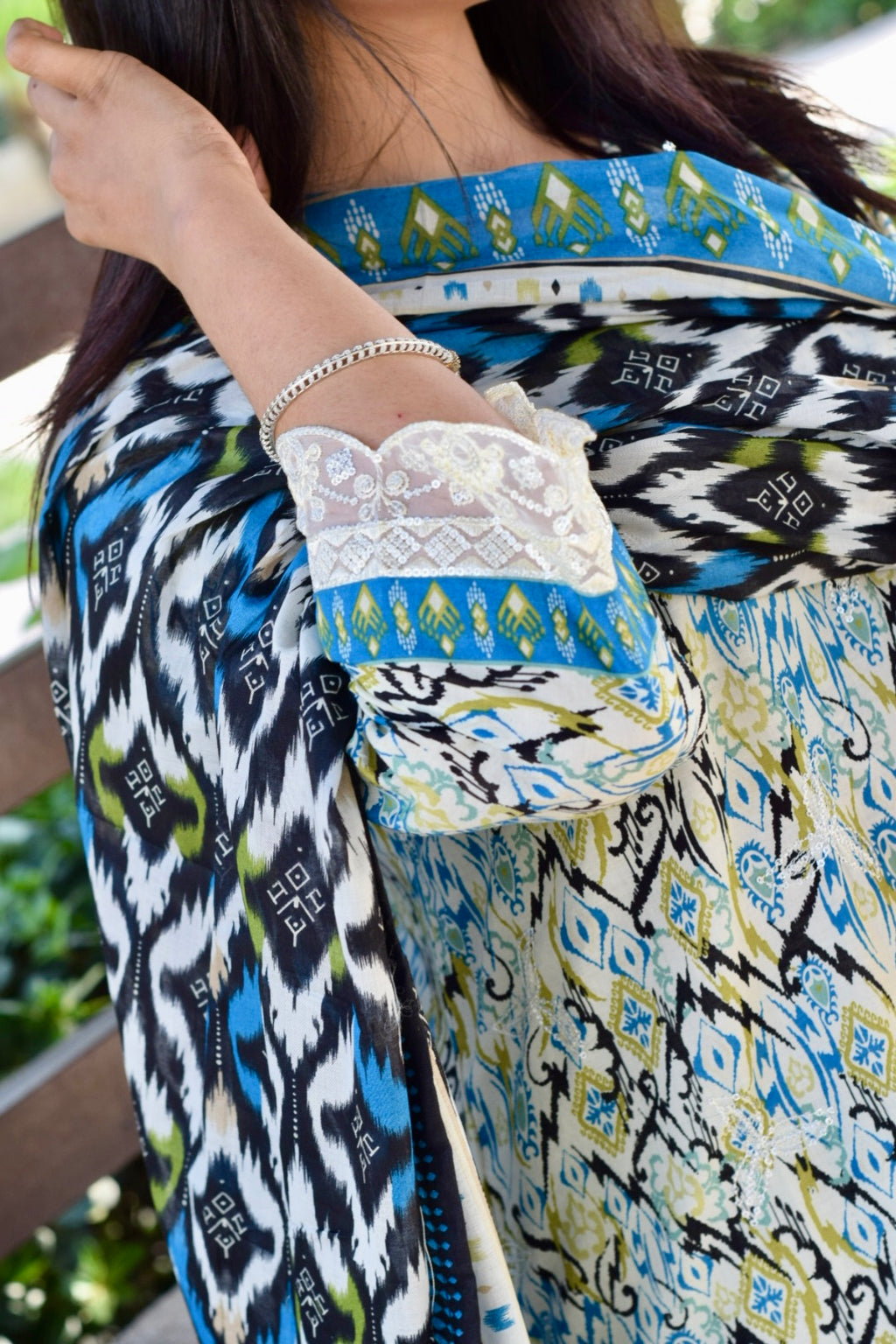 ZAREV Azure Ikat — Luxury Printed & Lacework Lawn 3-Piece Suit
