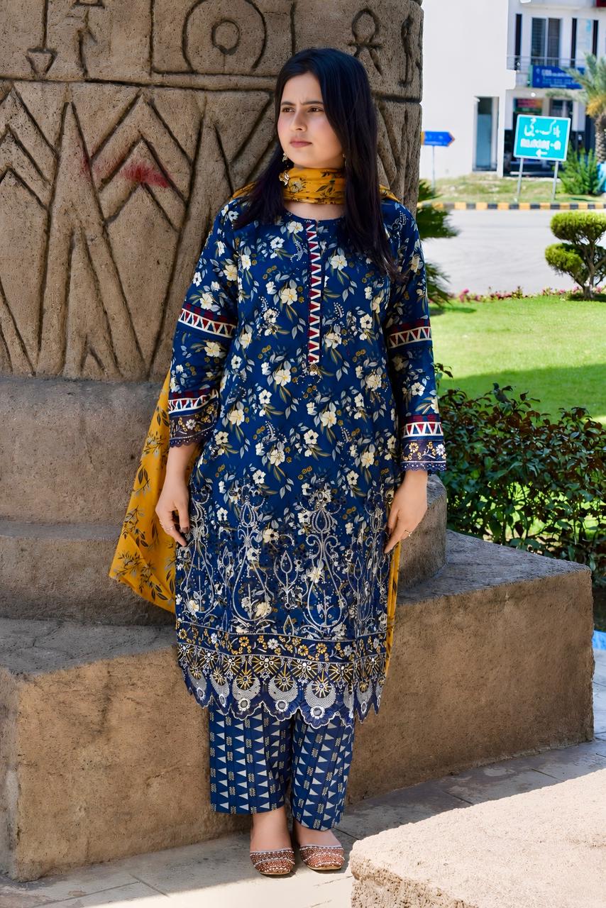 ZAREV – Indigo Blue Embroidered Lawn 3-Piece Suit with Mustard Dupatta
