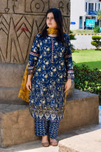 ZAREV – Indigo Blue Embroidered Lawn 3-Piece Suit with Mustard Dupatta