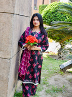 ZAREV – Midnight Blossom: Charcoal Black & Magenta Floral Lawn 3-Piece Stitched Suit