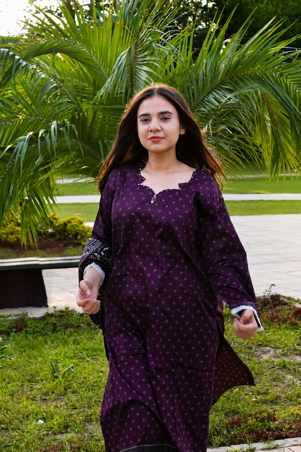 ZAREV – Royal Plum Geometric Lawn 3-Piece Stitched Suit