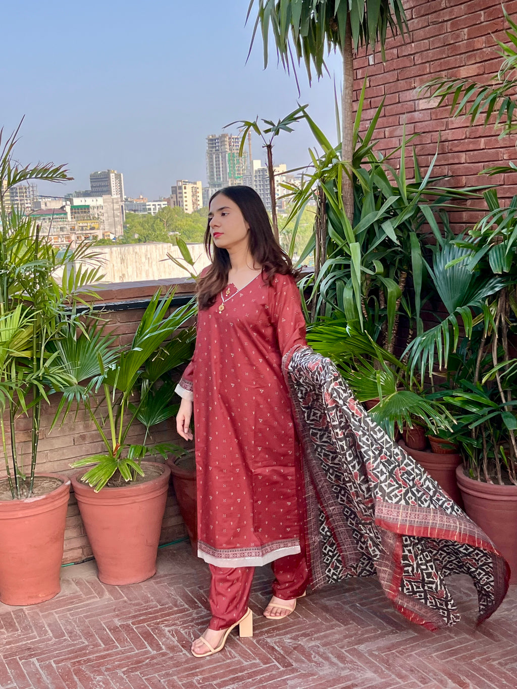 ZAREV – Azure Ikat: Maroon Geometric Motif Lawn 3-Piece Stitched Suit