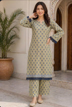 ZAREV – Sage Green & Navy Blue Block Printed Lawn 2-Piece Stitched Suit