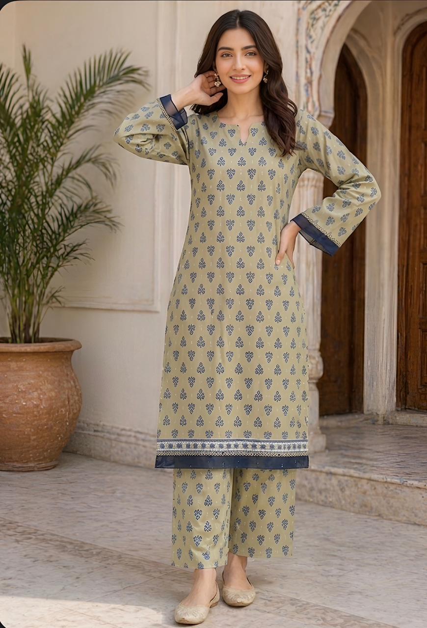 ZAREV – Sage Green & Navy Blue Block Printed Lawn 2-Piece Stitched Suit