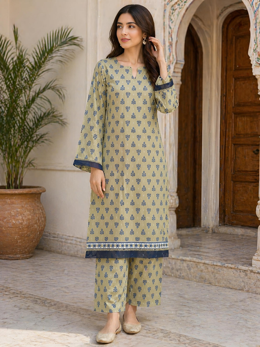 ZAREV – Sage Green & Navy Blue Block Printed Lawn 2-Piece Stitched Suit