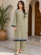 ZAREV – Sage Green & Navy Blue Block Printed Lawn 2-Piece Stitched Suit