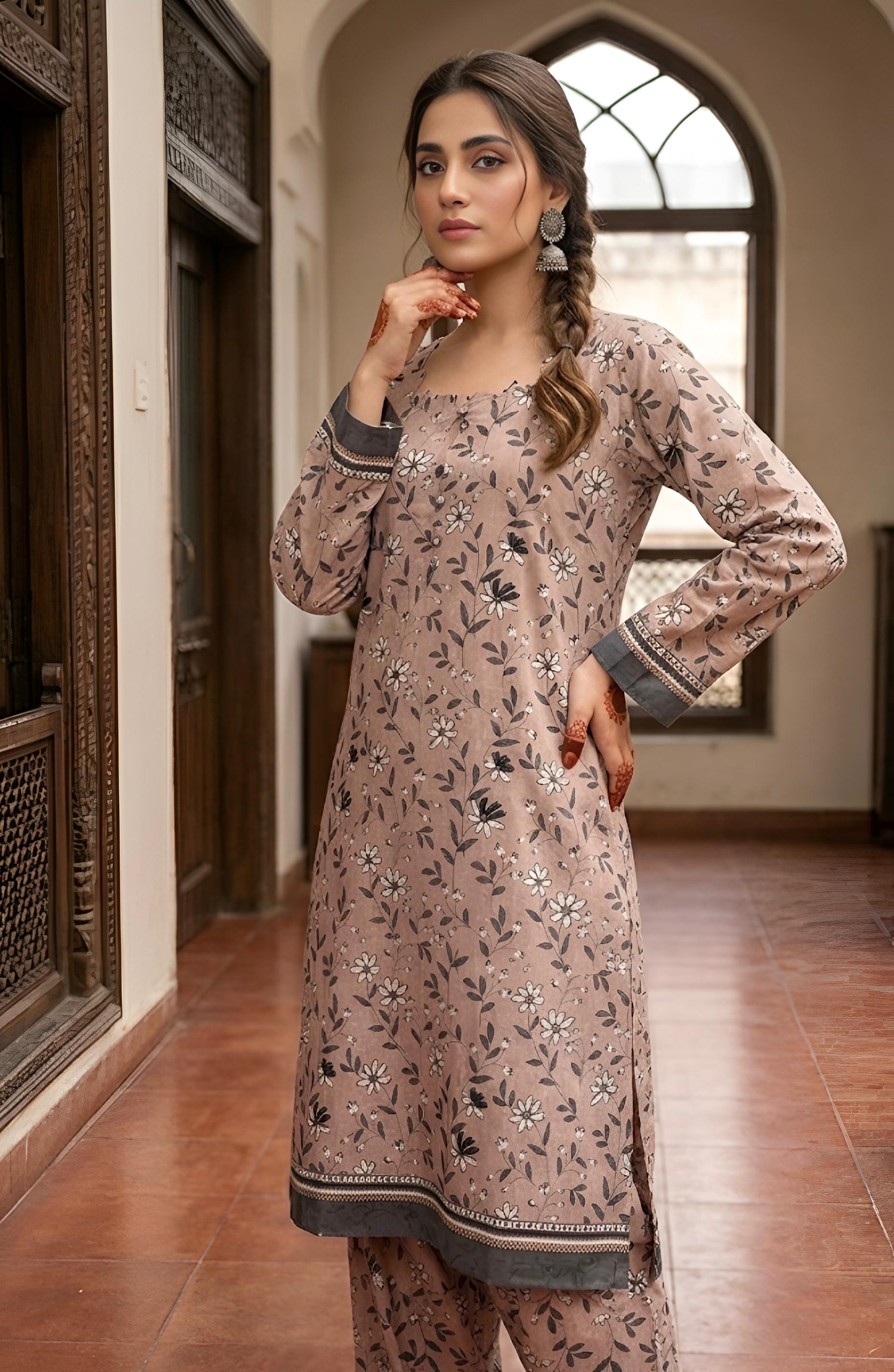 ZAREV – Dusty Rose Floral Sketch Lawn 2-Piece Stitched Suit