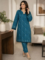 ZAREV – Teal Blue Textured Floral Print 2-Piece Stitched Suit