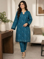 ZAREV – Teal Blue Textured Floral Print 2-Piece Stitched Suit