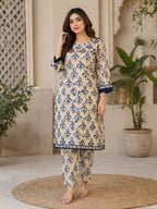 ZAREV – Beige & Indigo Floral Block Print Lawn 2-Piece Stitched Suit
