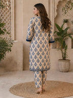 ZAREV – Beige & Indigo Floral Block Print Lawn 2-Piece Stitched Suit