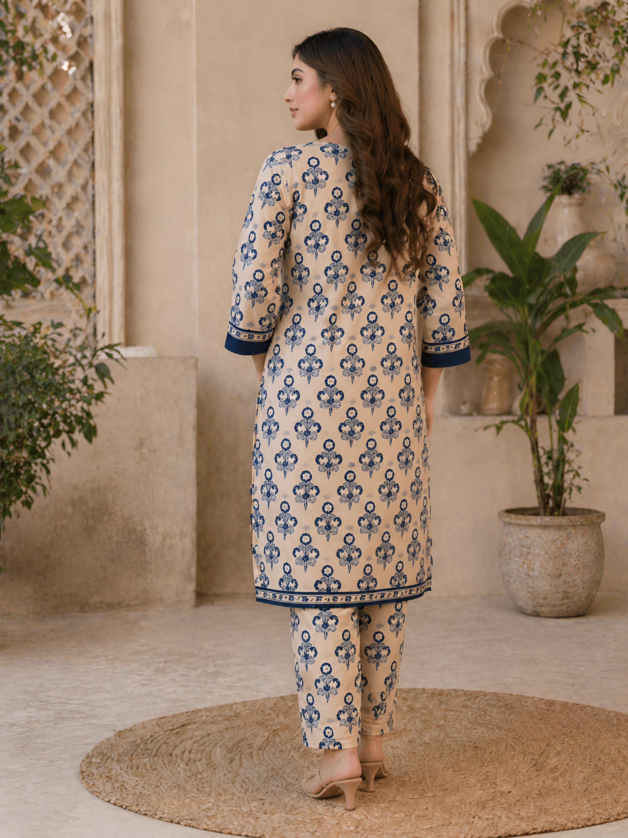 ZAREV – Beige & Indigo Floral Block Print Lawn 2-Piece Stitched Suit