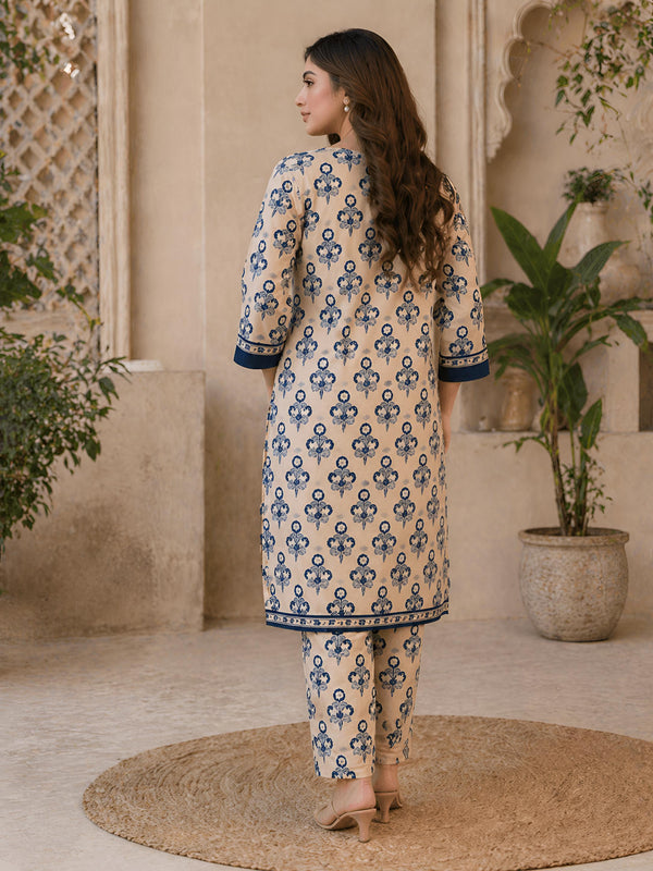 ZAREV – Beige & Indigo Floral Block Print Lawn 2-Piece Stitched Suit
