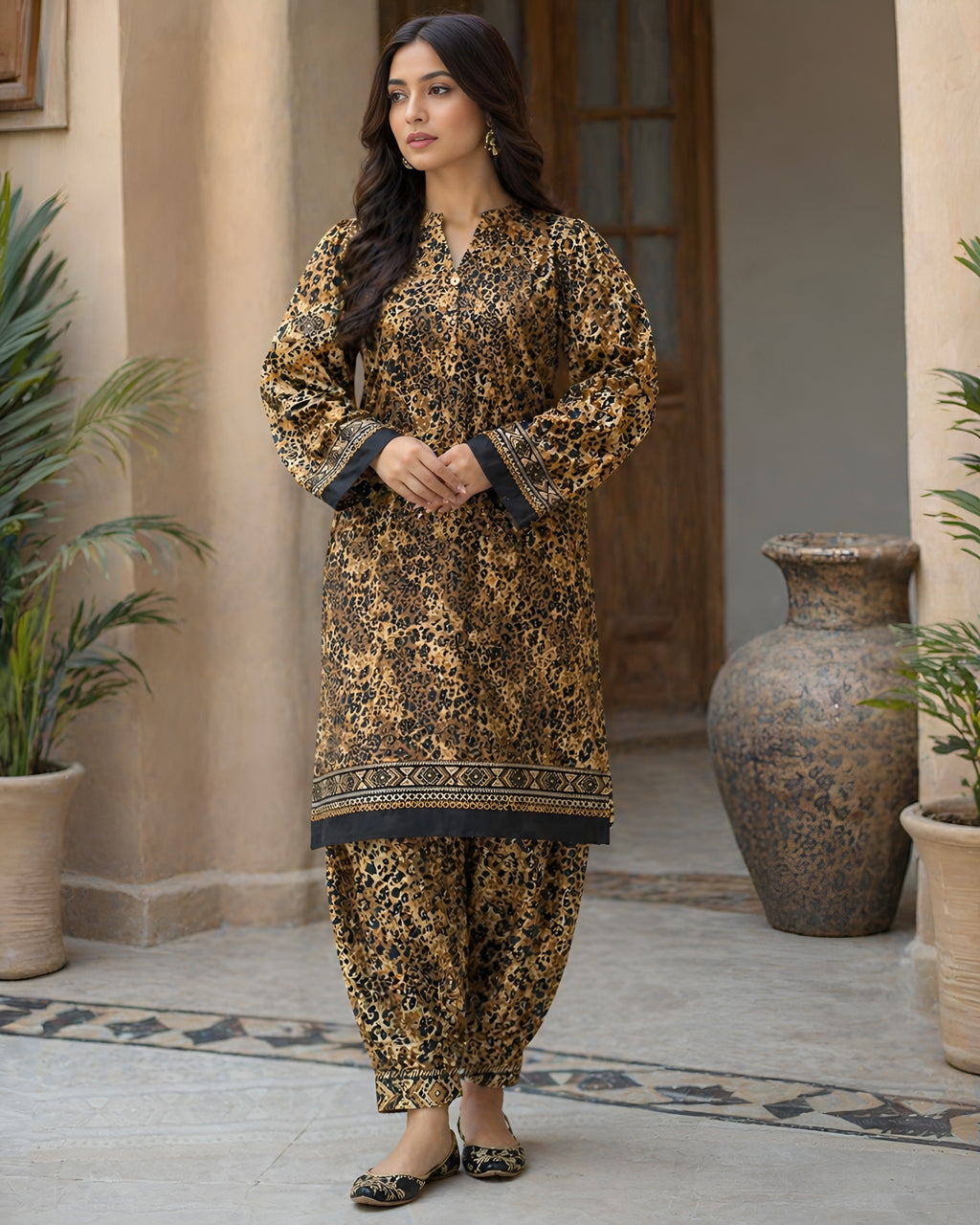 ZAREV – Mustard & Black Cheetah Motif Lawn 2-Piece Stitched Suit