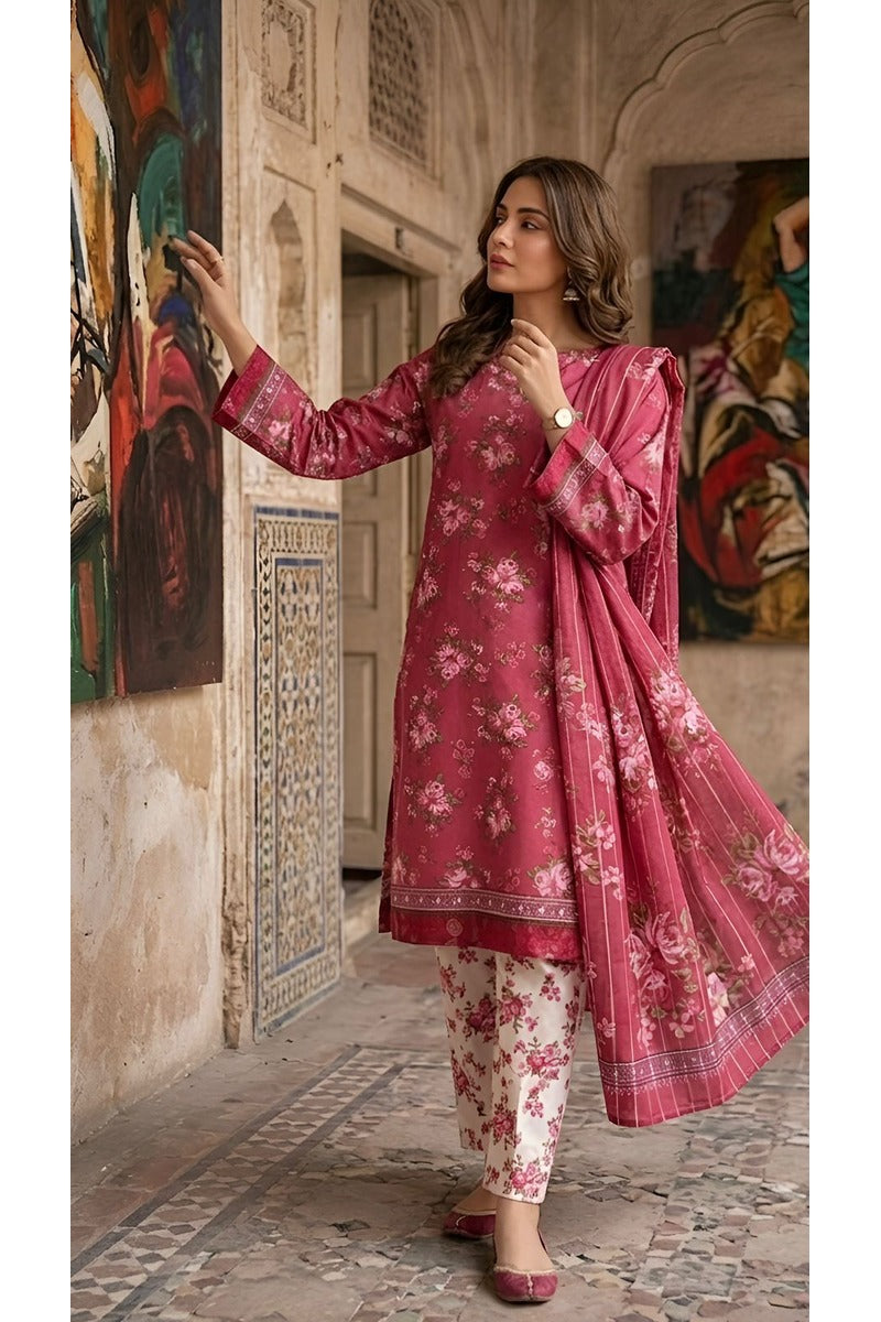 ZAREV – Rose Pink Floral Printed Lawn 3-Piece Festive Suit