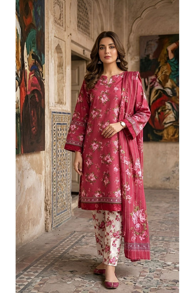 ZAREV – Rose Pink Floral Printed Lawn 3-Piece Festive Suit