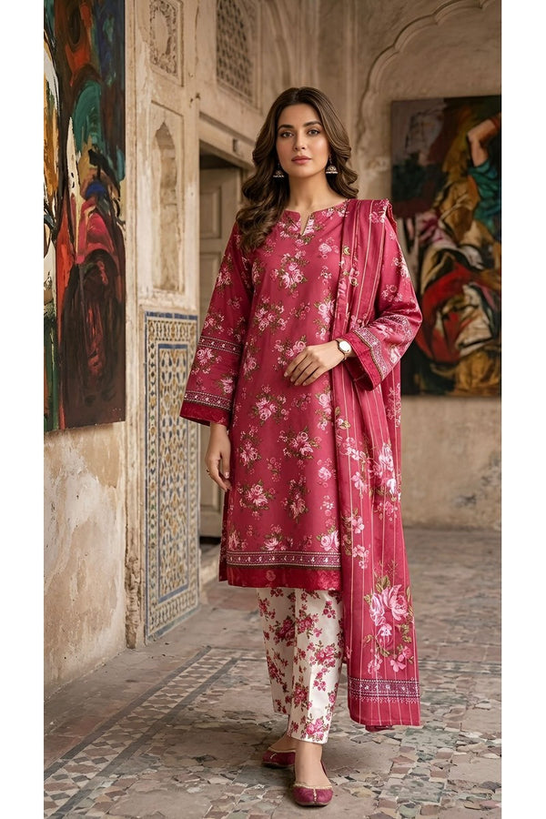 ZAREV – Rose Pink Floral Printed Lawn 3-Piece Festive Suit