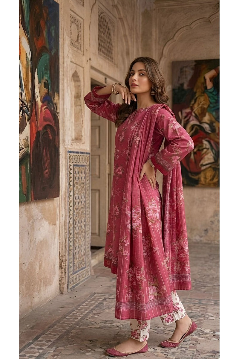 ZAREV – Rose Pink Floral Printed Lawn 3-Piece Festive Suit