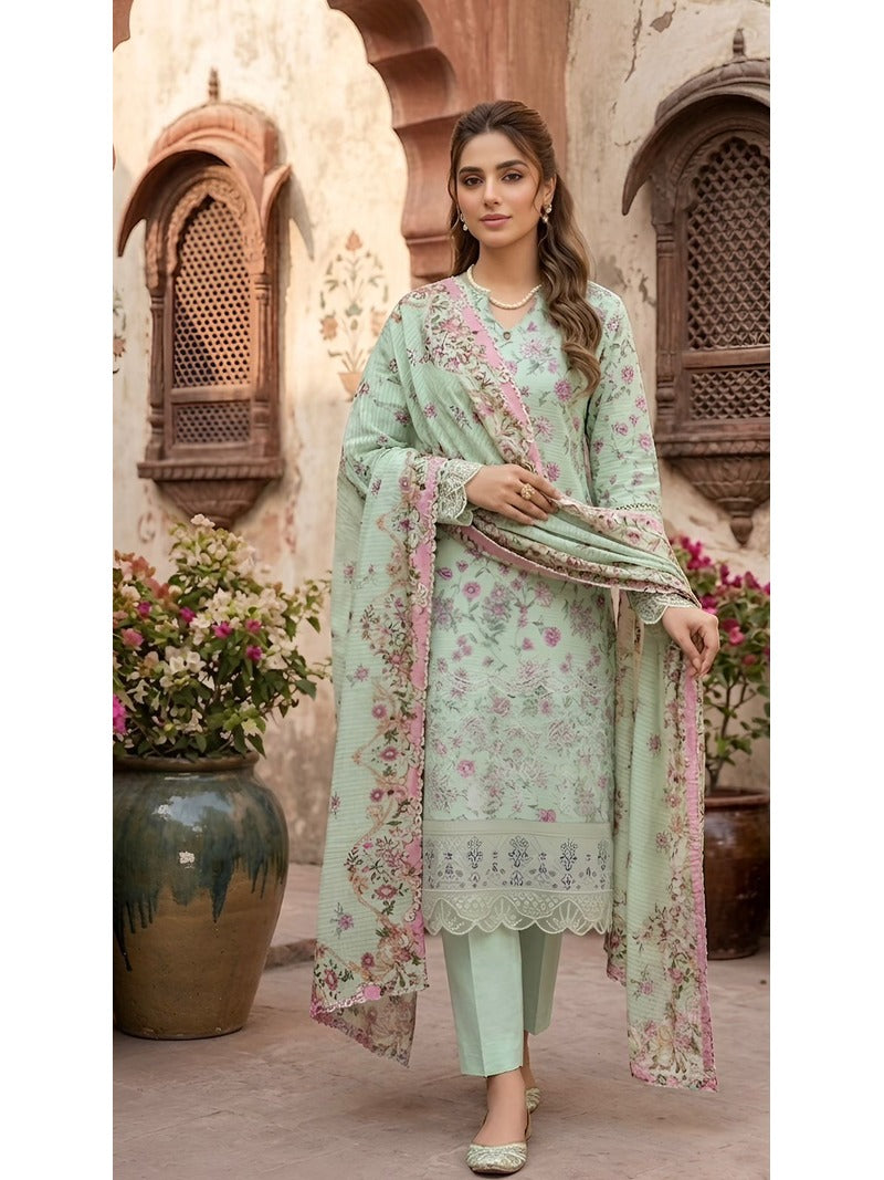 ZAREV Bloom — Mint Green Embroidered Lawn 3-Piece Suit with Printed Voile Dupatta
