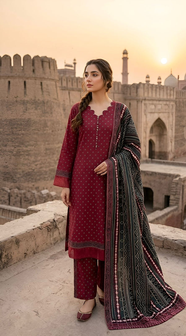 ZAREV – Mirha: Maroon Polka Motif Lawn 3-Piece Stitched Suit