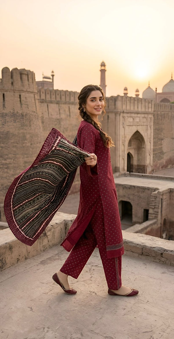 ZAREV – Mirha: Maroon Polka Motif Lawn 3-Piece Stitched Suit