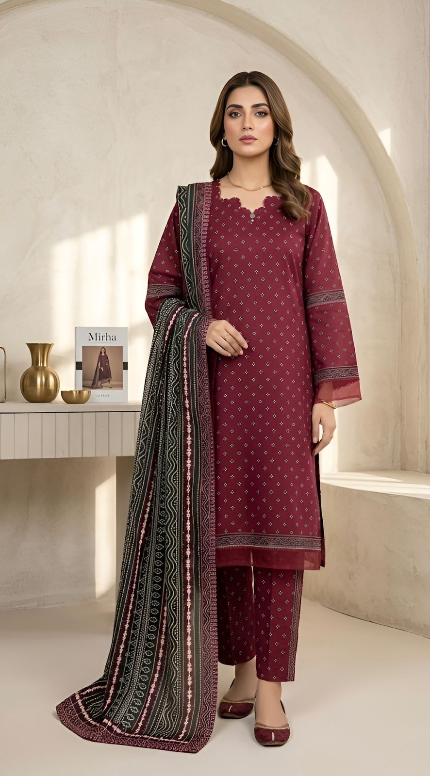 ZAREV – Mirha: Maroon Polka Motif Lawn 3-Piece Stitched Suit