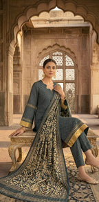 ZAREV Charcoal Gold – Premium Printed Luxury Lawn 3-Piece Stitched Ensemble