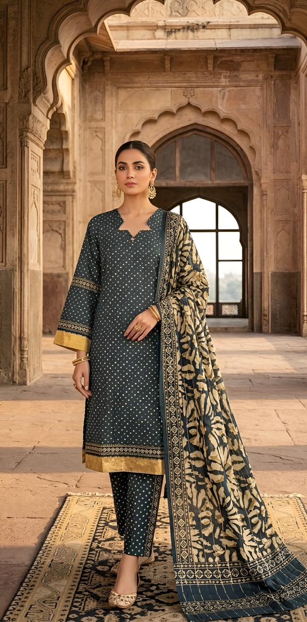 ZAREV Charcoal Gold – Premium Printed Luxury Lawn 3-Piece Stitched Ensemble