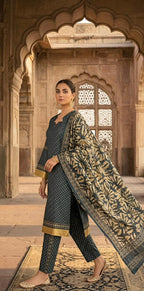 ZAREV Charcoal Gold – Premium Printed Luxury Lawn 3-Piece Stitched Ensemble