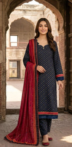 ZAREV Midnight Crimson – Premium Printed Luxury Lawn 3-Piece Stitched Ensemble