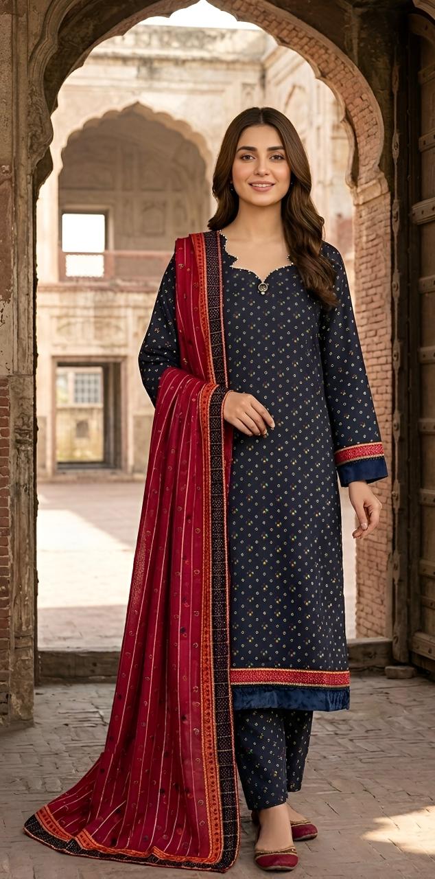 ZAREV Midnight Crimson – Premium Printed Luxury Lawn 3-Piece Stitched Ensemble
