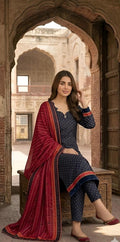 ZAREV Midnight Crimson – Premium Printed Luxury Lawn 3-Piece Stitched Ensemble