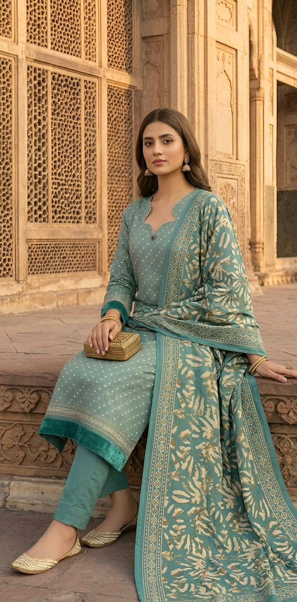 ZAREV Teal Grace – Premium Printed Luxury Lawn 3-Piece Stitched Ensemble