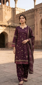 ZAREV Royal Plum – Premium Printed Luxury Lawn 3-Piece Stitched Ensemble