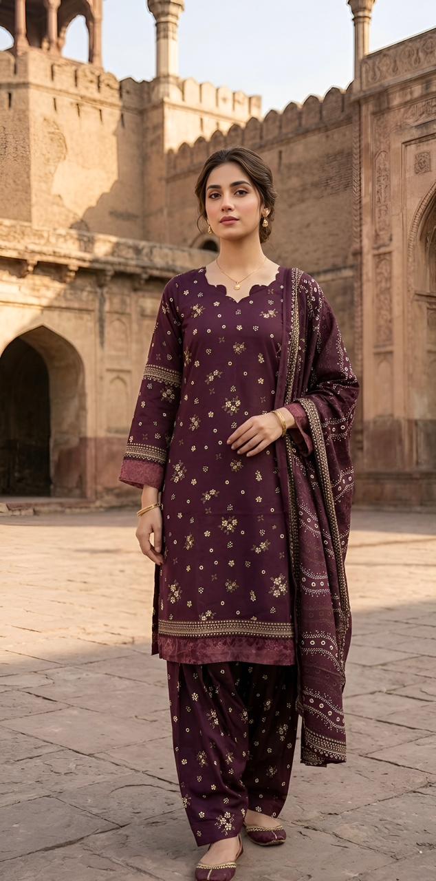 ZAREV Royal Plum – Premium Printed Luxury Lawn 3-Piece Stitched Ensemble