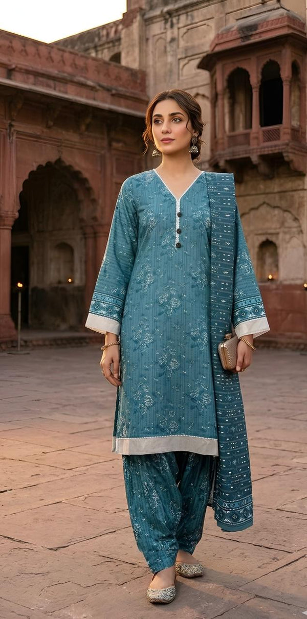 ZAREV Ocean Mist – Premium Textured Luxury Lawn 3-Piece Stitched Ensemble