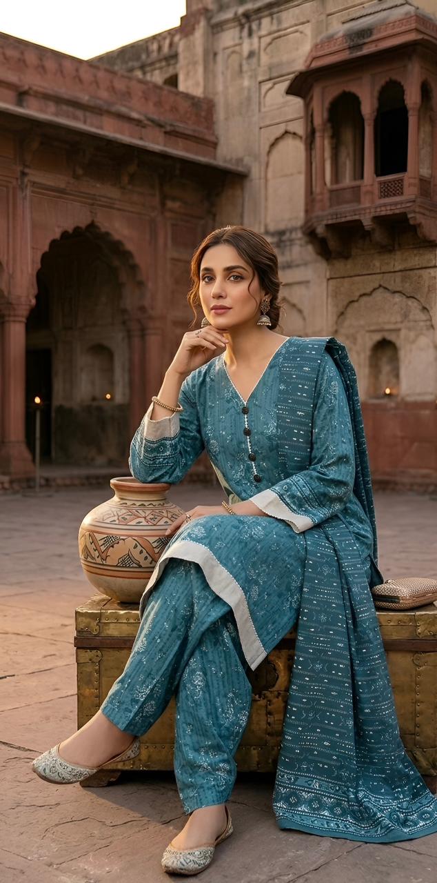 ZAREV Ocean Mist – Premium Textured Luxury Lawn 3-Piece Stitched Ensemble