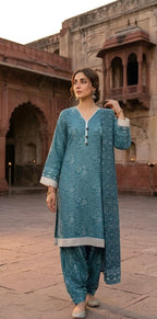 ZAREV Ocean Mist – Premium Textured Luxury Lawn 3-Piece Stitched Ensemble