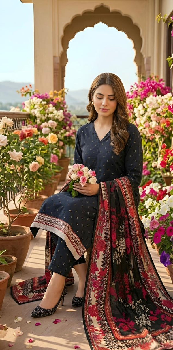 ZAREV – Night Garden: Deep Navy Floral & Geometric Lawn 3-Piece Stitched Suit