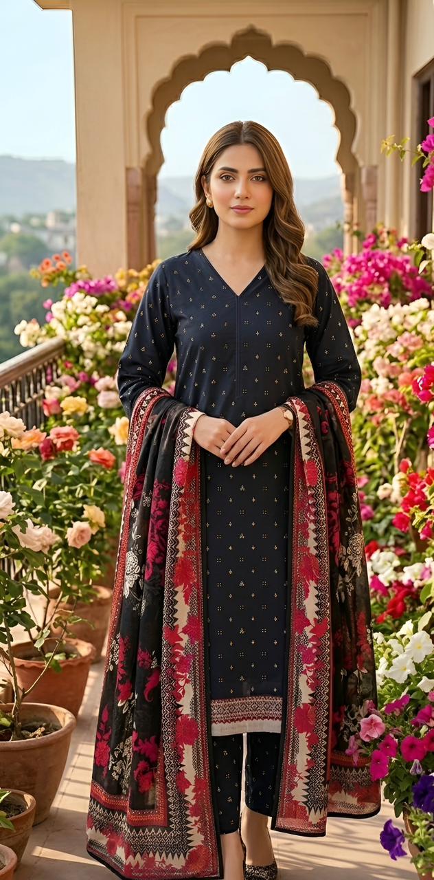ZAREV – Night Garden: Deep Navy Floral & Geometric Lawn 3-Piece Stitched Suit
