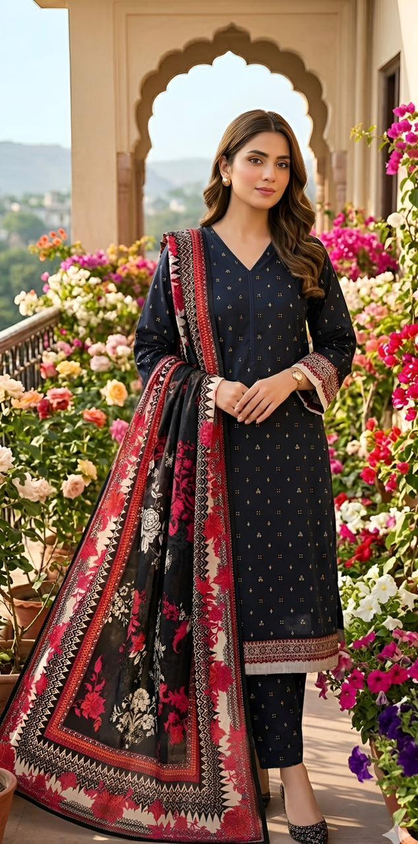 ZAREV – Night Garden: Deep Navy Floral & Geometric Lawn 3-Piece Stitched Suit