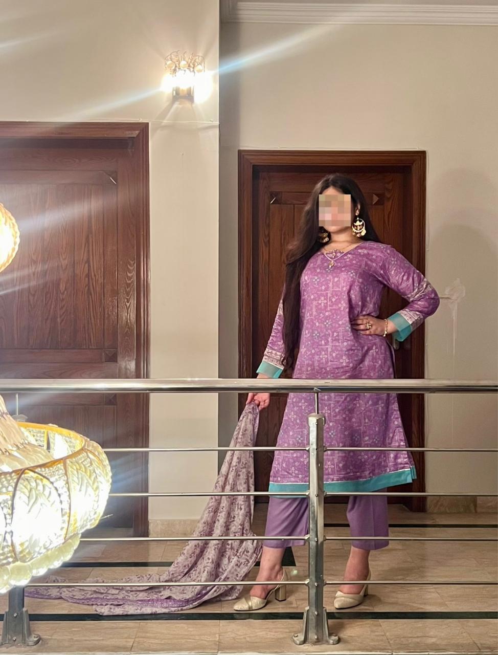 ZAREV Soft Lilac Printed Lawn 3PC Suit with Aqua Border Details