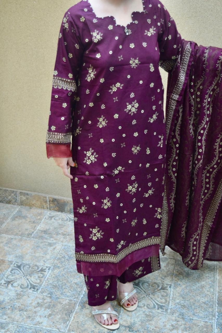 ZAREV Royal Plum & Gold Print Stitched Lawn 3PC Suit